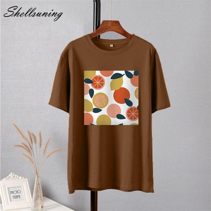 Shellsuning Casaul Kawaii Fruit Printed T Shirt Women Loose O Neck Short Sleeve Base Tees Female Simple Cotton Trendy White Tops