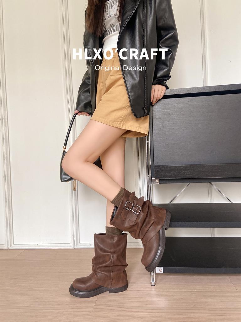New Autumn and Winter Martin Boots Women's Maillard Platform Heightening Short Locomotive Slack Wrinkled Stack Boots