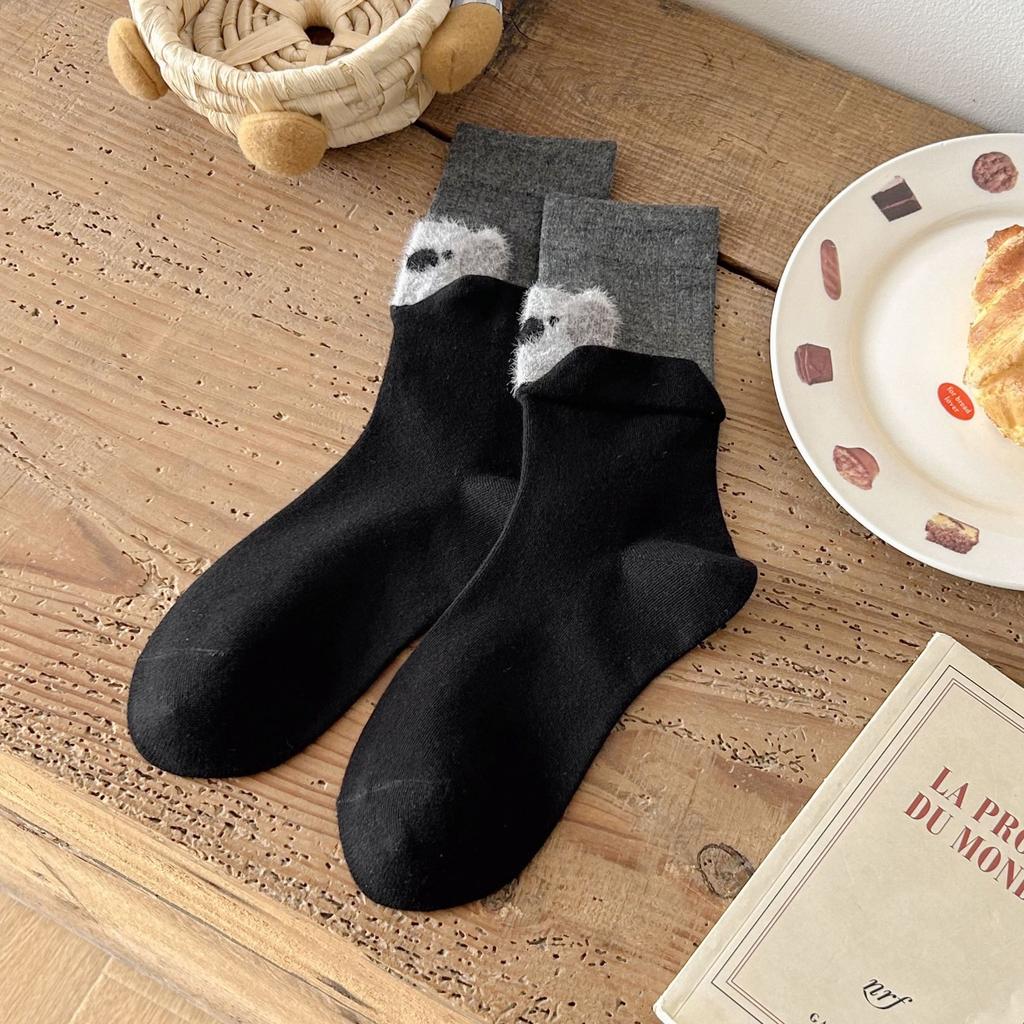 Ladies Autumn Winter Cotton Color Matching Cute Cartoon Tube Pile Socks
