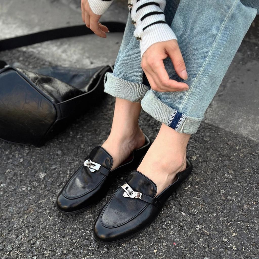 Cowhide version~ British style metal lock loafers one pedal retro and old temperament small leather shoes low heel single shoes