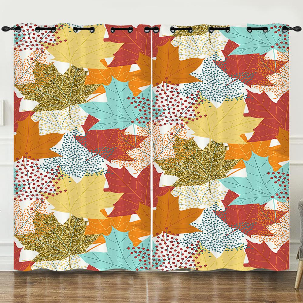 Curtains Autumn Maple Leaf Pattern European and American Blackout Curtain Bedroom No Perforated Curtain Living Room