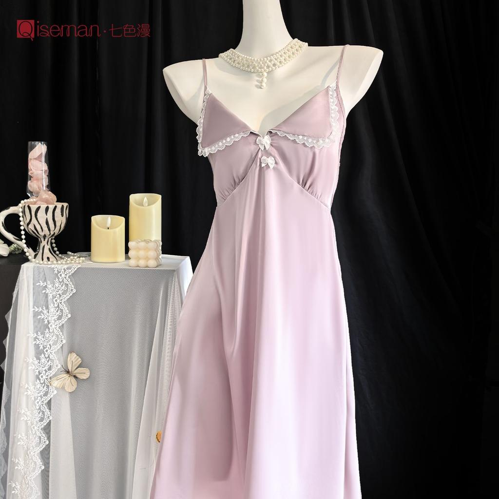 Ice Silk Suspender Nightdress Women's Summer Sexy Pure Lust Girl Loungewear Suit with Chest Pad Silk Pajamas Spring and Summer