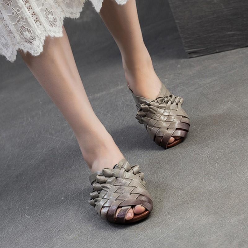 Fashion GKTINOO 2025 New Retro Hand Woven Peep Toe Outdoor Slippers Summer Breathable And Versatile Genuine Leather Women's Shoes