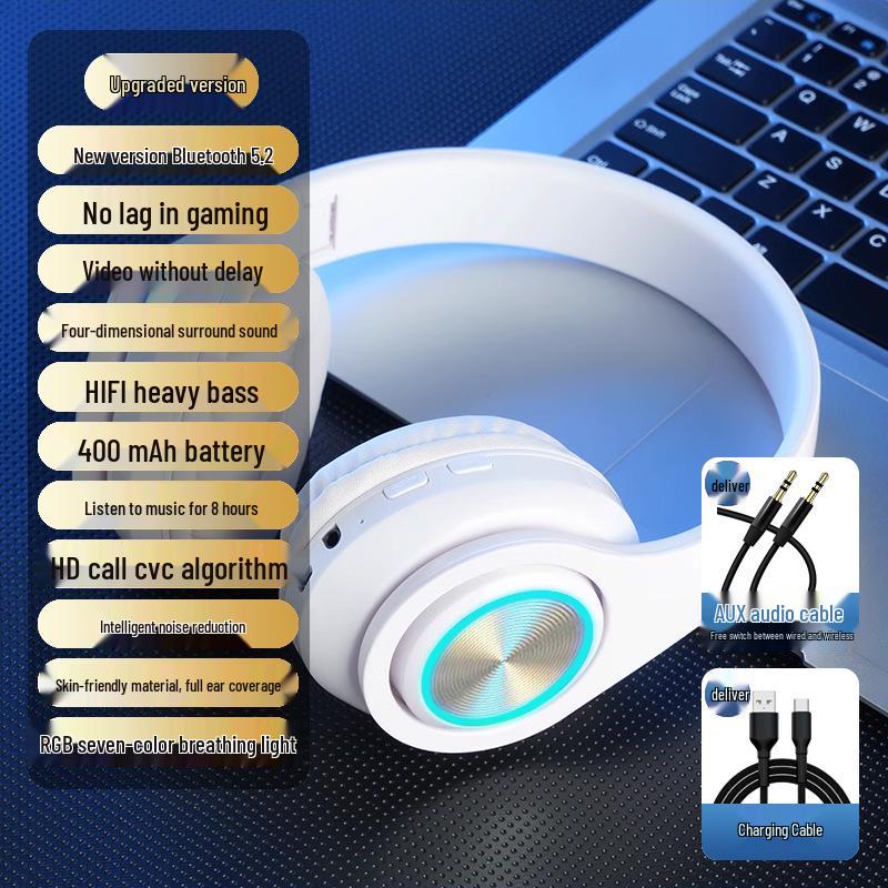 2025 Luminous Wireless Over-Ear Bluetooth Headphones with Heavy Bass and Large Earcups for Boys, Ideal for Running.