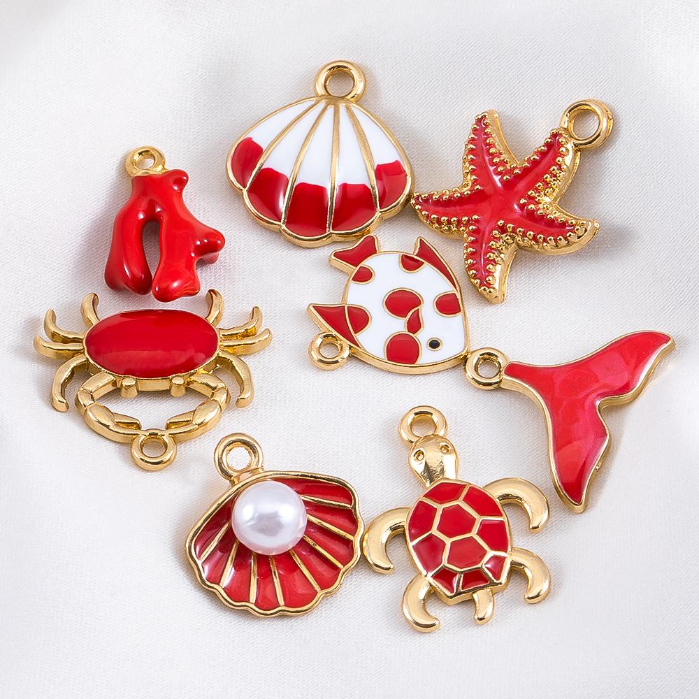 10pcs Cute Orange Enamel Sea Coral Turtle Conch Fish Starfish Charms Alloy Pendants for DIY Necklace Bracelet Jewelry Findings