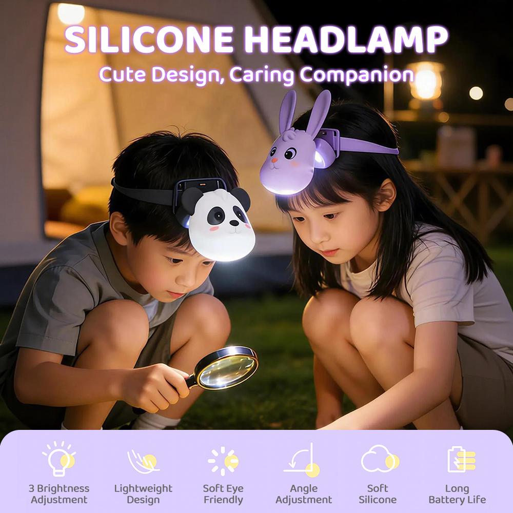 Cute Silicone Head Lamp Rechargeable 3 Level Brightness Camping Nightlights For Kids Outdoor Hiking