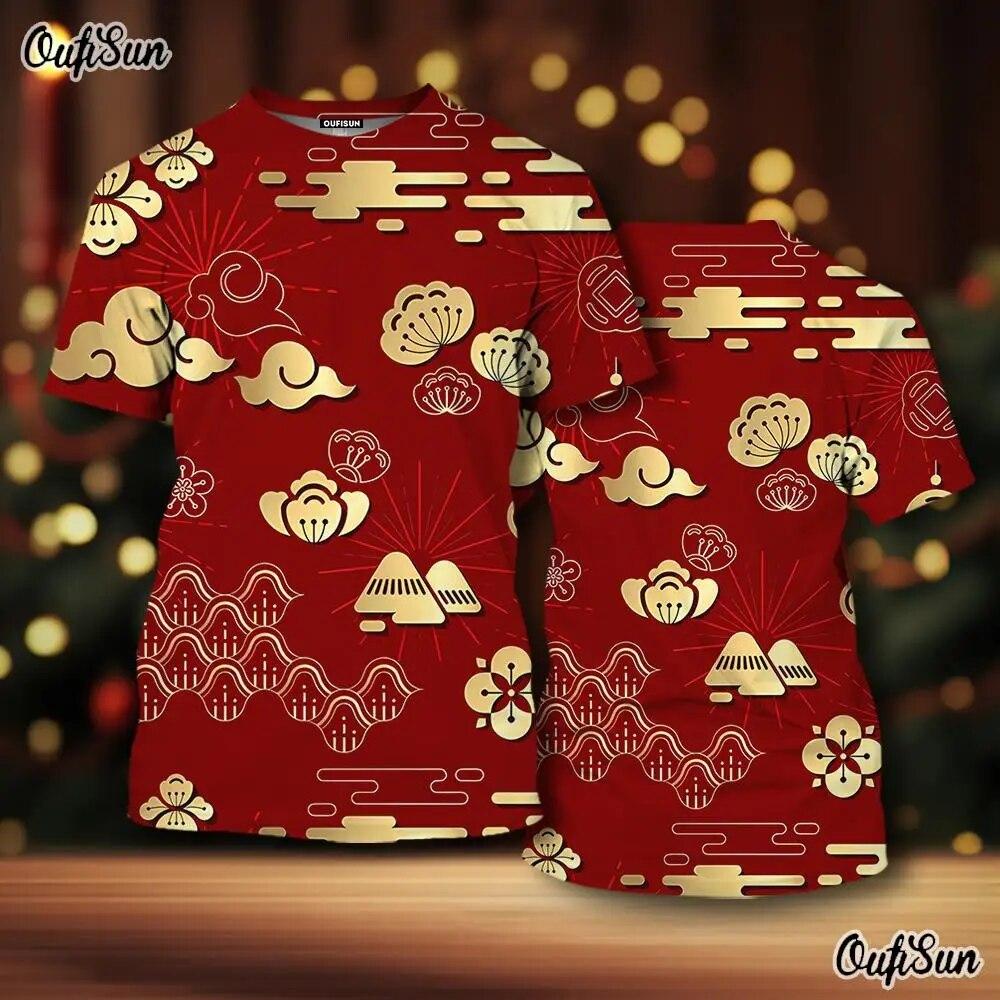 2024 Neujahr Herren T-Shirt Drache 3D-Druck Tiermuster Herren T-Shirt Chinesisches Jahr des Drachen Kurzarm rote Tops