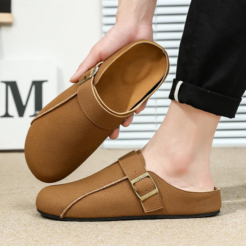 Men's Suede Clogs Fashion Leather Mules Cozy Footbed Slippers with Adjustable Buckle AntiSlip Cork Slippers Unisex Mules