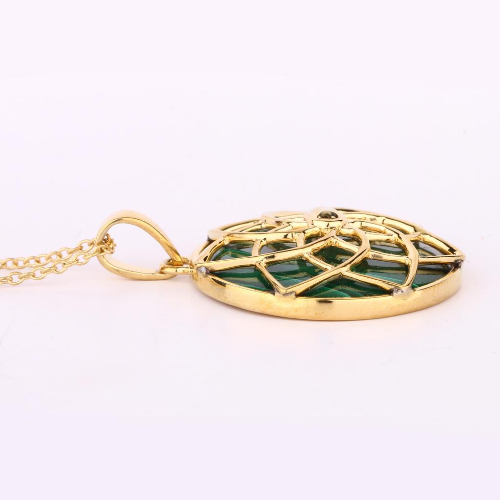 Natural Malachite Round Pendant Necklace 925 Sterling Silver Gold Plated Handmade Fine Jewelry Gift for Her