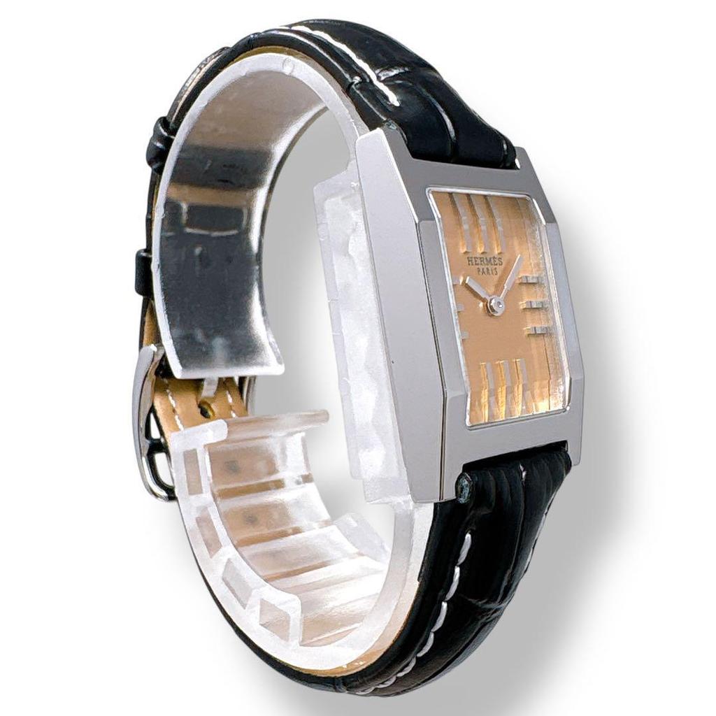Used HERMES Tandem TA1.210 Orange Dial Black Leather Belt Leather Quartz QZ SS Ladies Watch Brand Good Condition Working