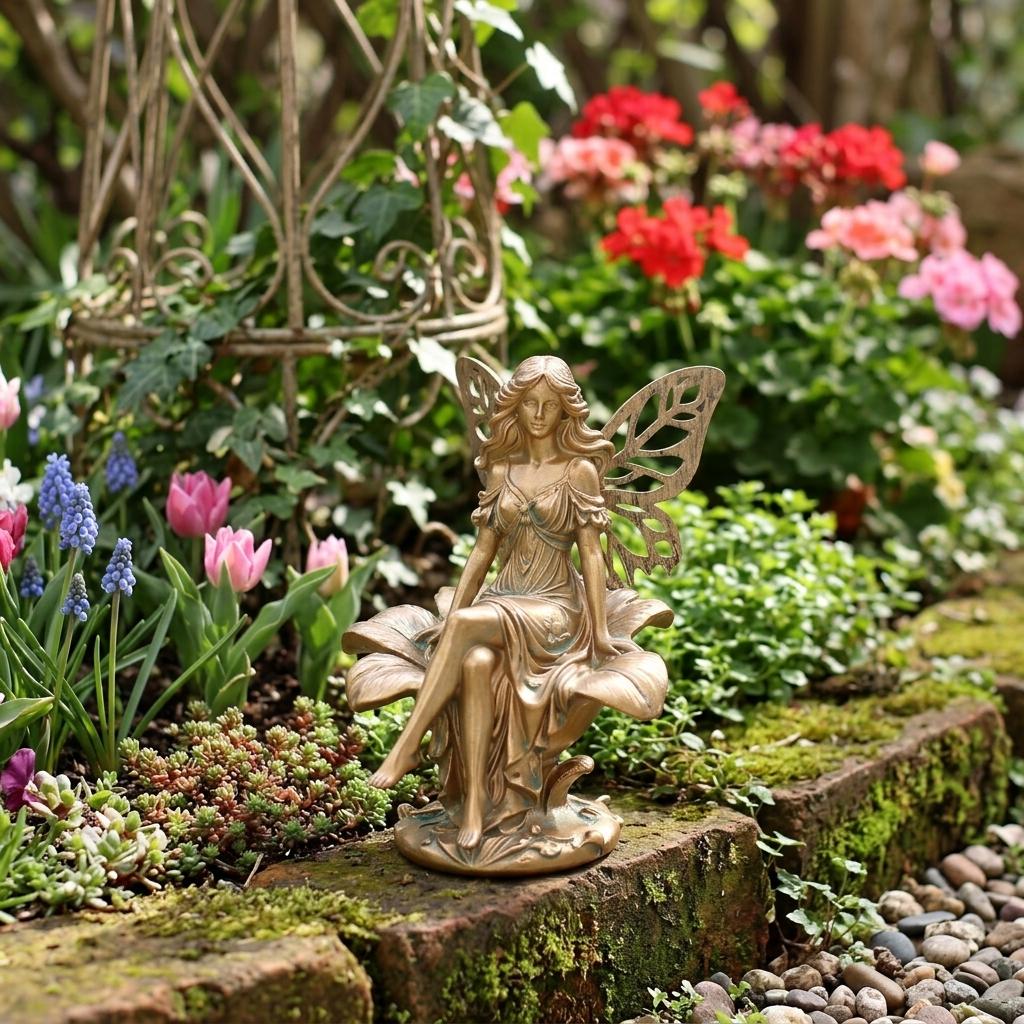 Resin Flower Fairy Statue Sitting On Flower For Spring Summer Outdoor Garden Decoration Yard Lawn Ornament