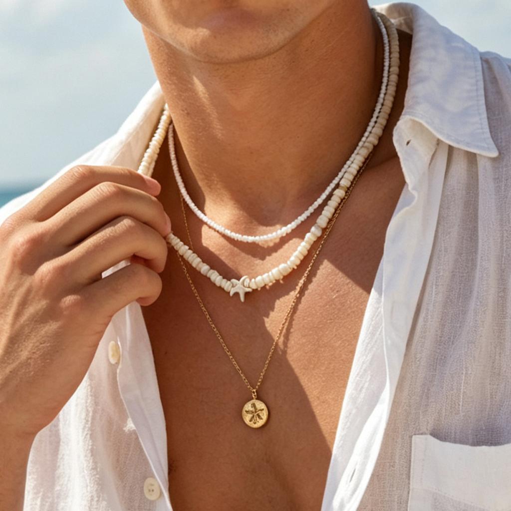 European and American Beach Vacation Style Starfish Jewelry Pendant Necklace High-end Men Stacked Beaded Light Luxury Collarbone Chain