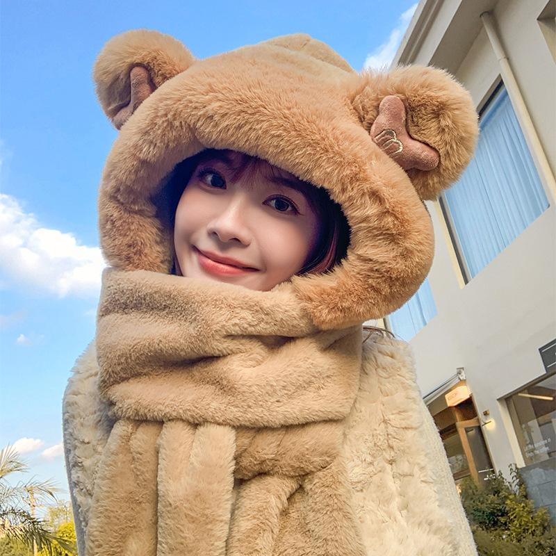 Bear hat women's winter scarf three-piece winter plush hooded integrated thermal gloves ear protection scarf