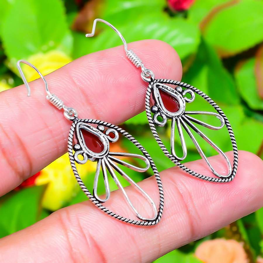 Red Carnelian Gemstone Handmade 925 Sterling Silver Jewelry Earring 2.01" O0n06