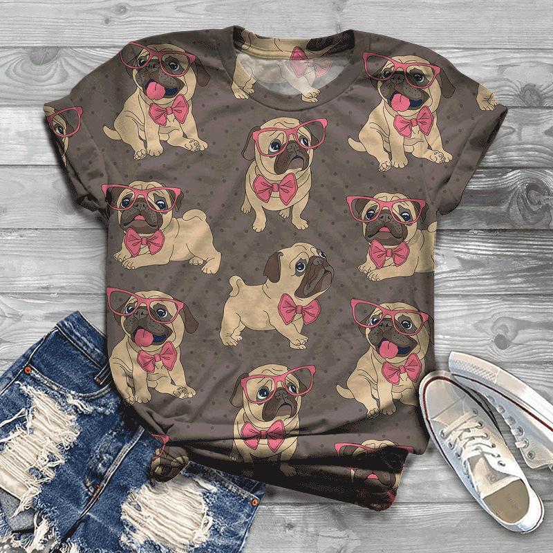 Summer New Printed Short Sleeve Top for Women, Round Neck 3D Dog Printed Women's T-shirt