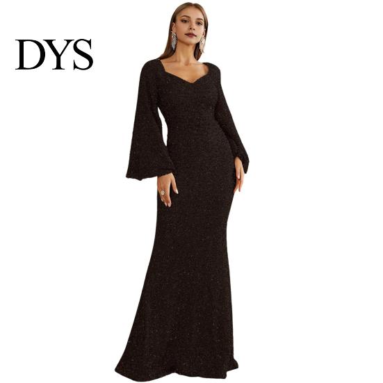 Long Dress Bell Sleeves Women Evening Sequin A-line Slim Fit Low-cut V Formal Occasion Gown Neck Maxi Mid Waist Back Zipper Closure Prom Slim-fit