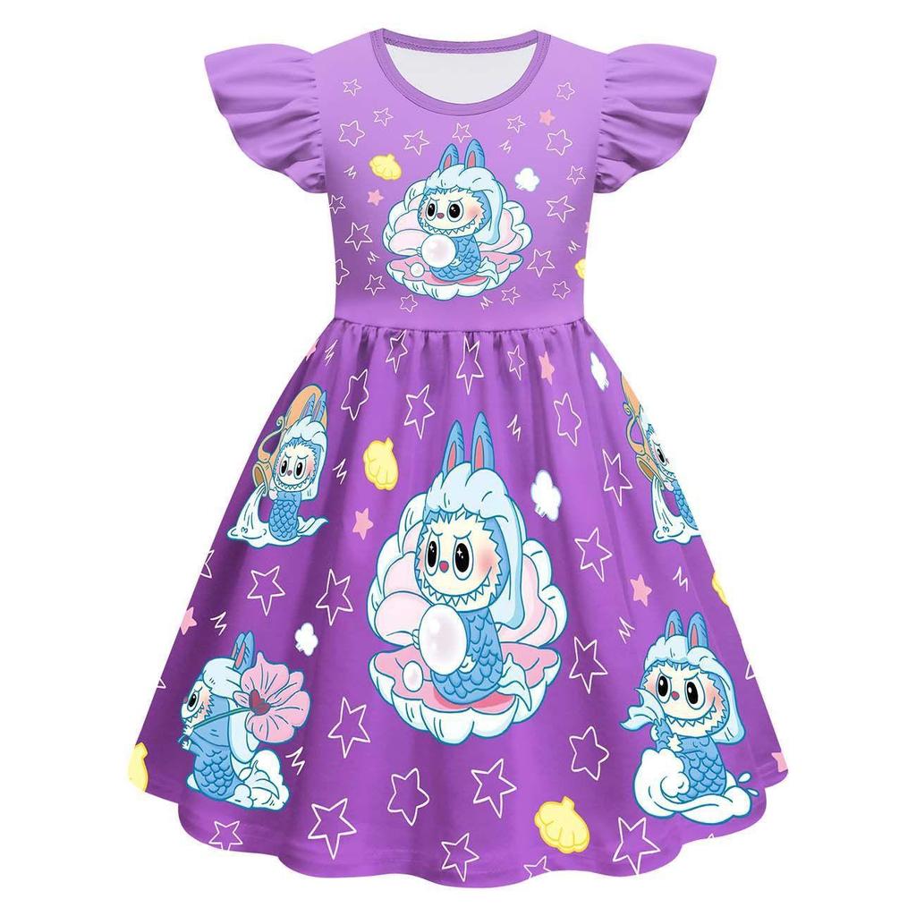New Children'S Dress Cosplay Labubu Girls Flying Sleeve Skirt 3D Digital Printing