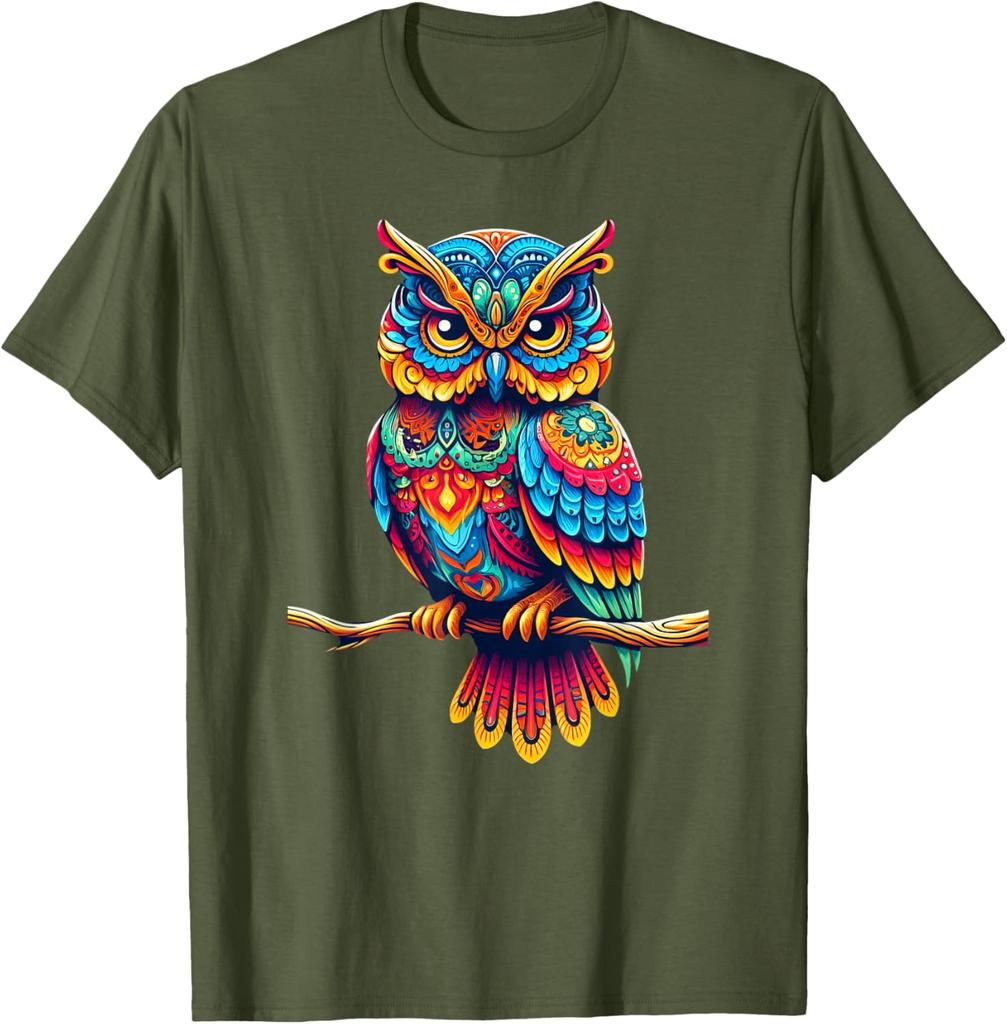 Colorful Psychedelic Owl Perched on Branch Graphic T-Shirt Casual Cotton Tee for Men