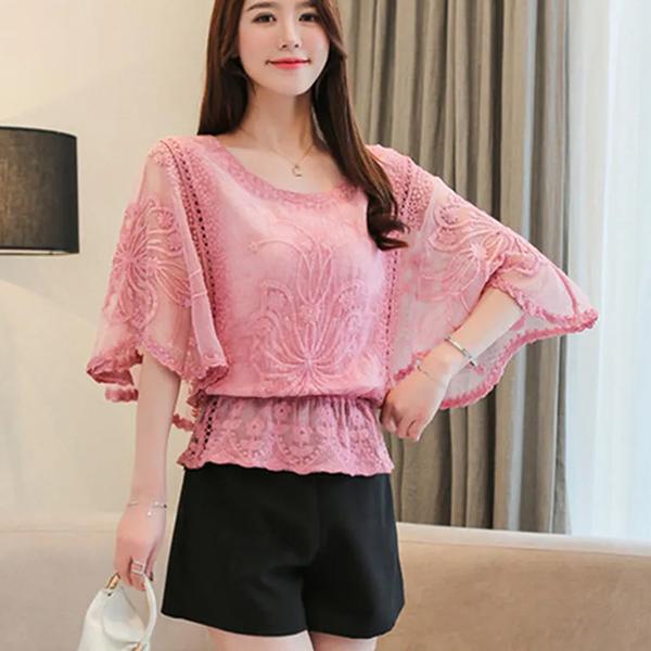 WTEMPO Women's Spring Summer Hollow-out Breathable Shirts Female Retro Elegant Casual Loose Thin Lace Patchwork Tops