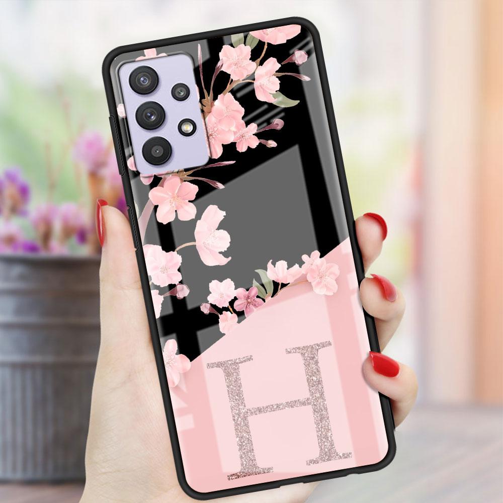 

Пользовательский чехол Cherry Blossom Flower Initial Glass для Samsung Galaxy A52 A71 A50 A51 A70 A21s A31 A72 A10 A12 A22 5G Phone Cover Samsung A30