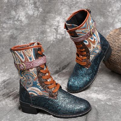 2024 Damen-Winterstiefel mit Patchwork-Muster, mittelhohe Stiefel im ethnischen Stil, rutschfeste Schnürschuhe aus warmem Plüsch, flache kurze Stiefel