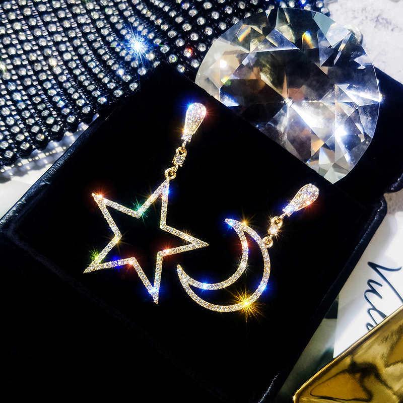 925 Silver Needle Asymmetrical Star and Moon Rhinestone Earrings