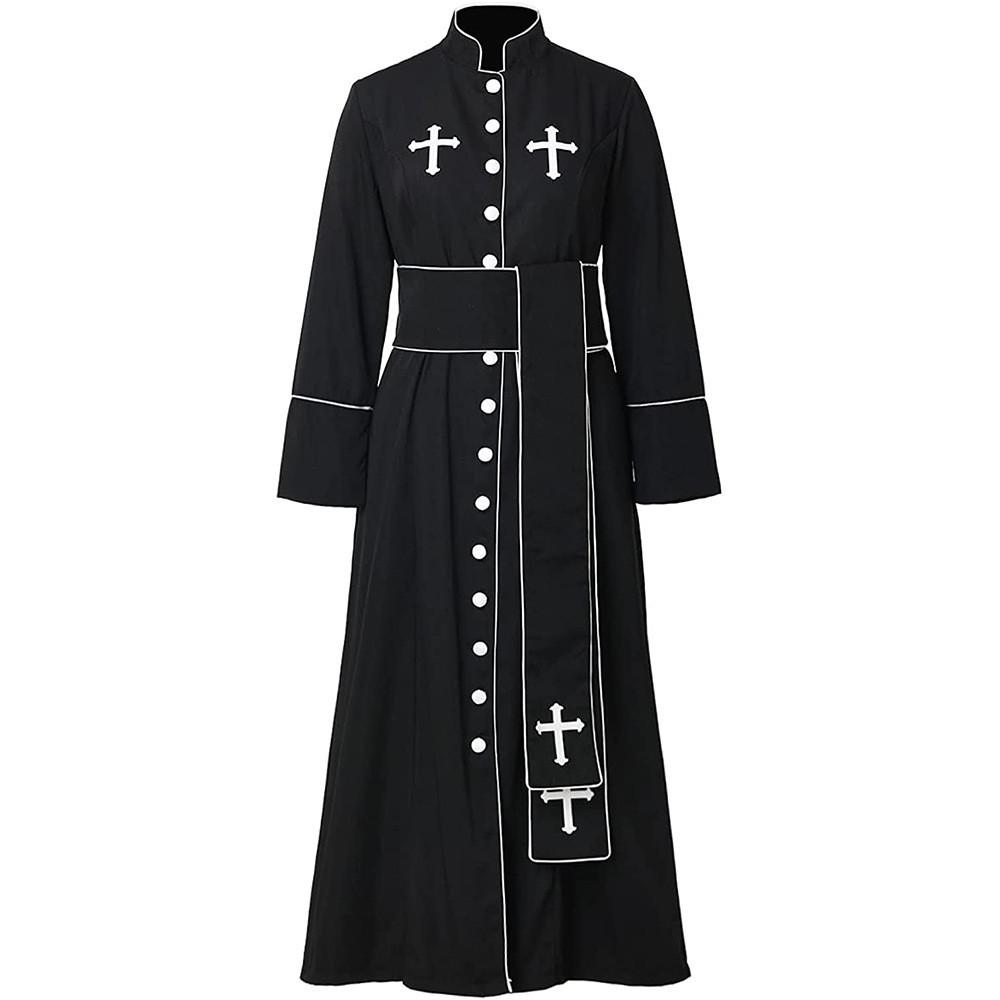 Women's Priest Robe With Stand Collar Roman Cassock Belt Street Style White/black Xs-5xl
