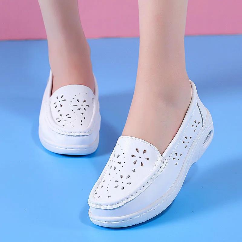 Genuine Leather Air Cushion Nurse Shoes for Women Spring and Summer New Soft Soled Breathable Flat Soled White Medical Shoes