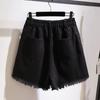 Shorts di Jeans da Donna Estivi Dritti a Vita Alta Sezione Sottile Colore Solido Larghi con Buchi e Bordo Grezzo