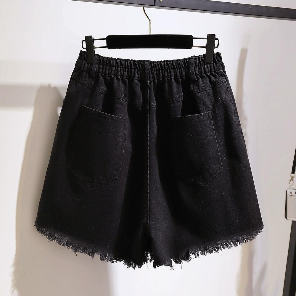 Shorts di Jeans da Donna Estivi Dritti a Vita Alta Sezione Sottile Colore Solido Larghi con Buchi e Bordo Grezzo