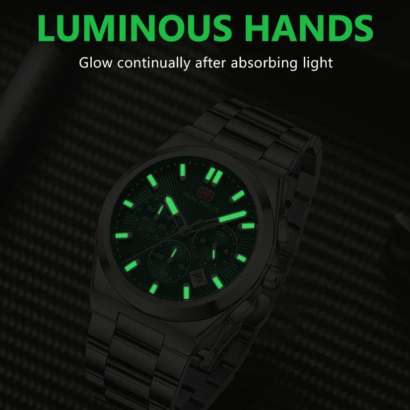 Fashion Men's Business Watches Yellow Green Dial Stainless Steel Strap Luminous Wateproof Quartz Wristwatch with Calendar