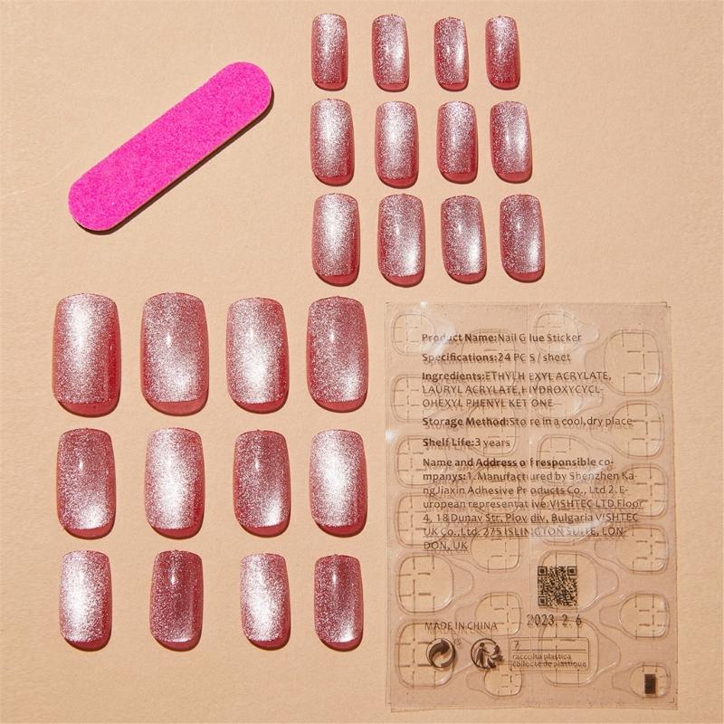 24 ks Cat Eye Press na nehty Full Cover Stick na nehty Růžové Umělé nehty Střední Umělé nehty Tipy Akrylové umělé nehty