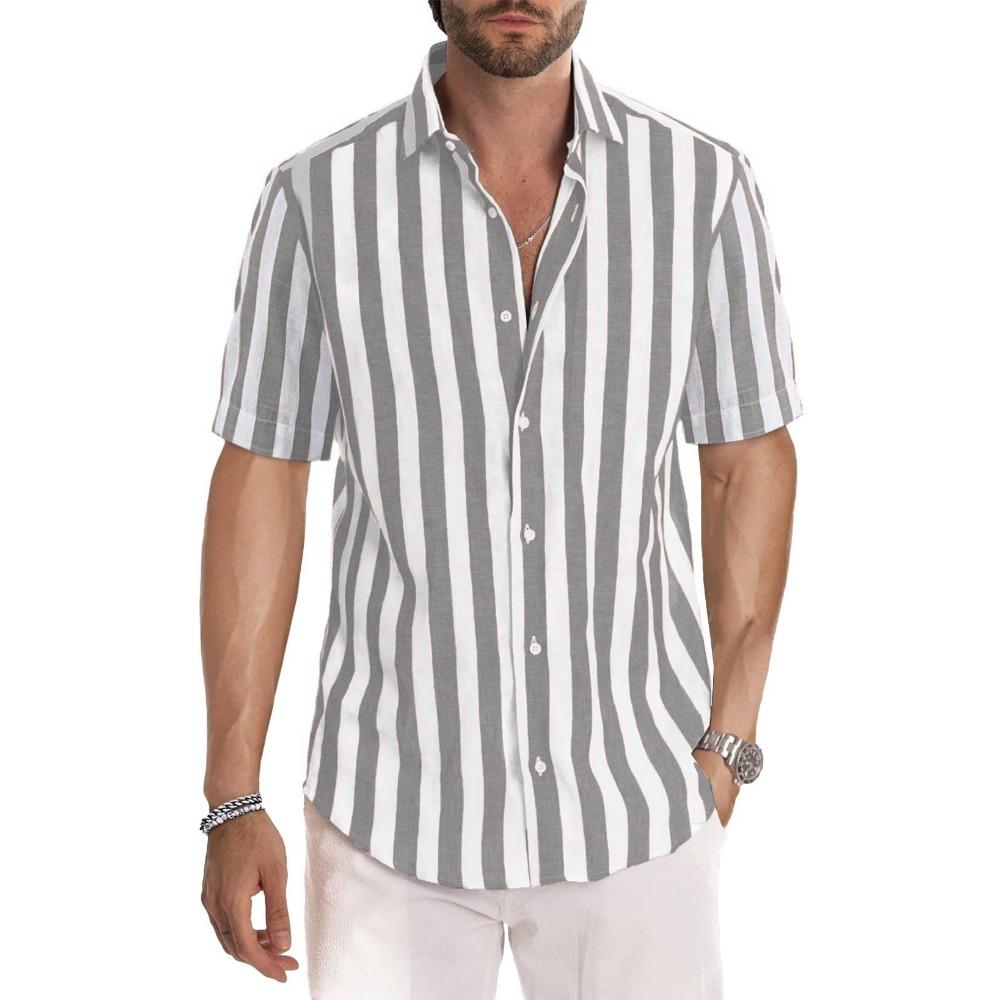 Summer Men s Casual Sports Striped Short Sleeved Lapel Shirt S
