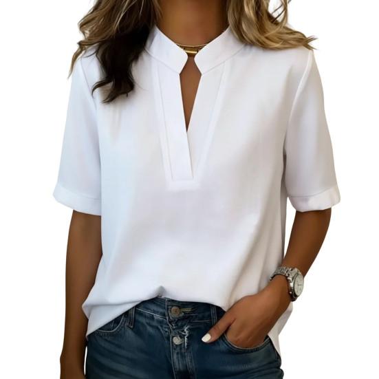 Women Shirt V-neck Open Collar Short Sleeve Loose Fit Casual Tops Pure Color Versatile Style Shirt Summer Work Casual Wear