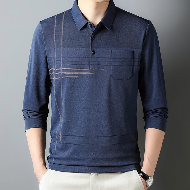 Autumn Men's Long-sleeved Thin Tops Bottoming Shirts for Young and Middle-aged Men with Lapels and Real Pockets Casual Dad T-shirts for Men