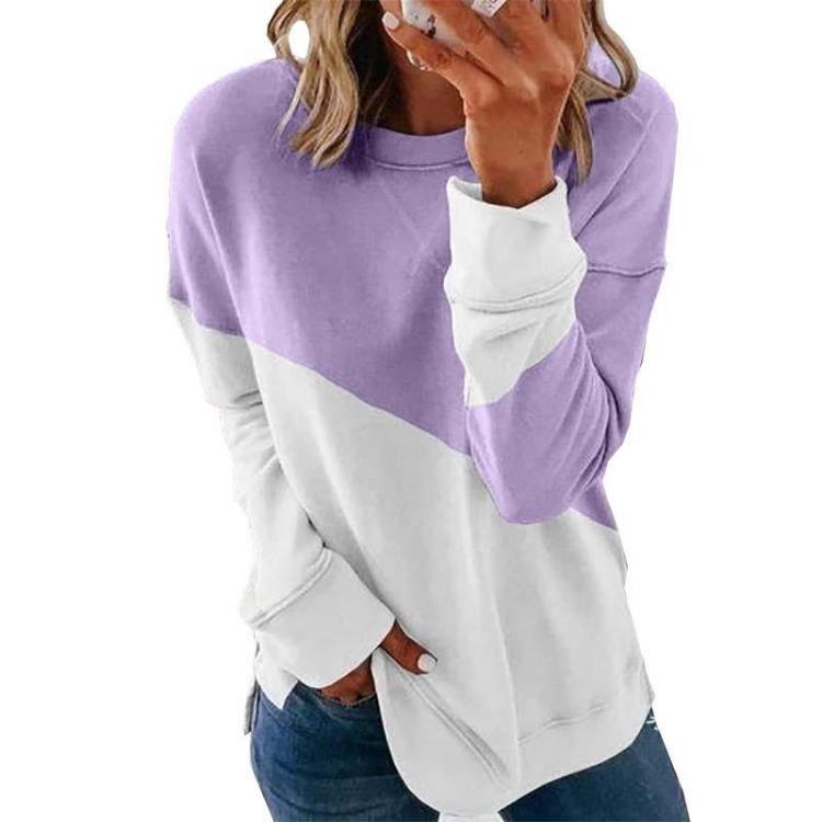 Sweater Top with Casual Loose Long Sleeve Round Neck Contrast Color