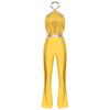 Womens 70s Disco Halter Sequined Top Tassel Fringe Flared Pants Romper Shiny Metallic Jumpsuit