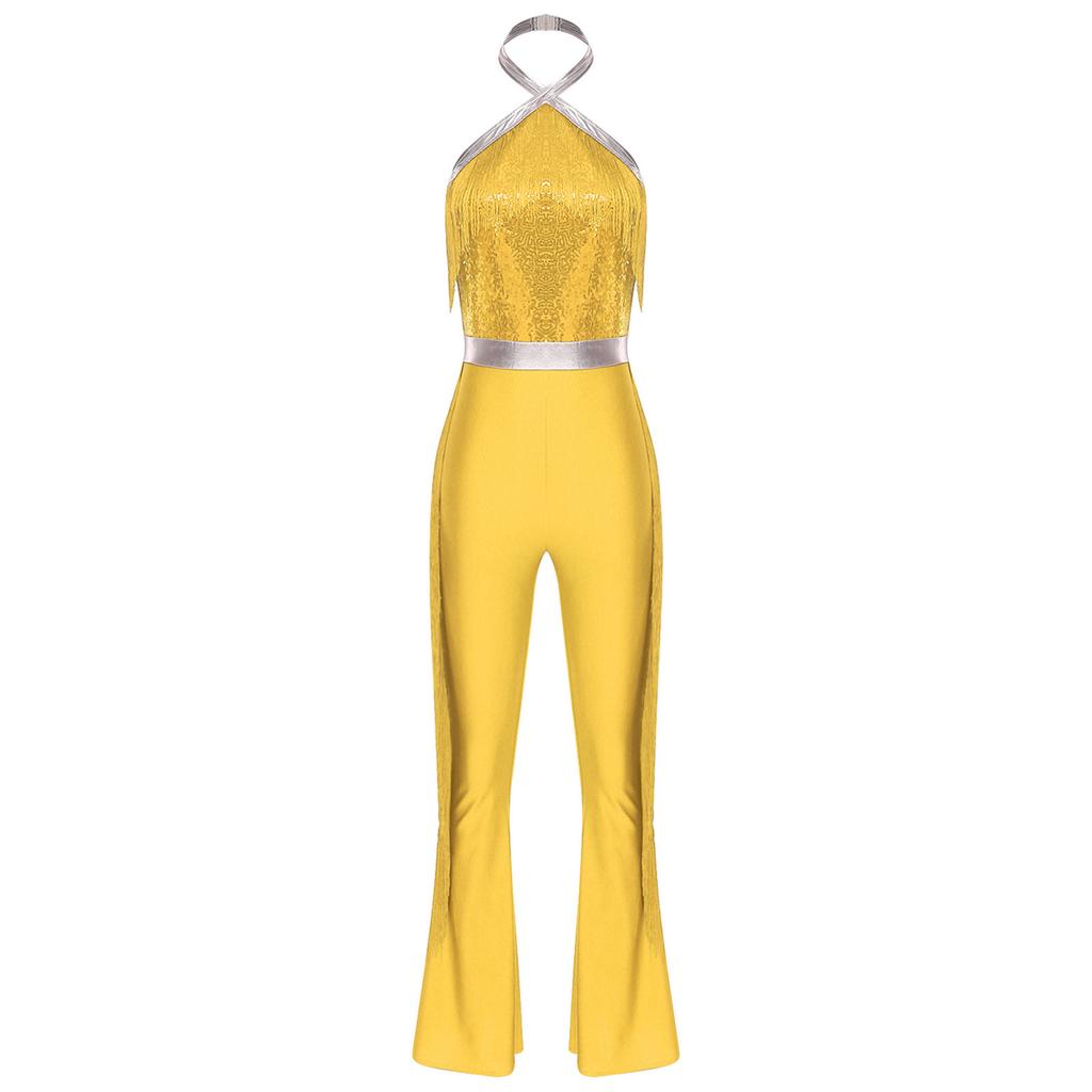 Womens 70s Disco Halter Sequined Top Tassel Fringe Flared Pants Romper Shiny Metallic Jumpsuit