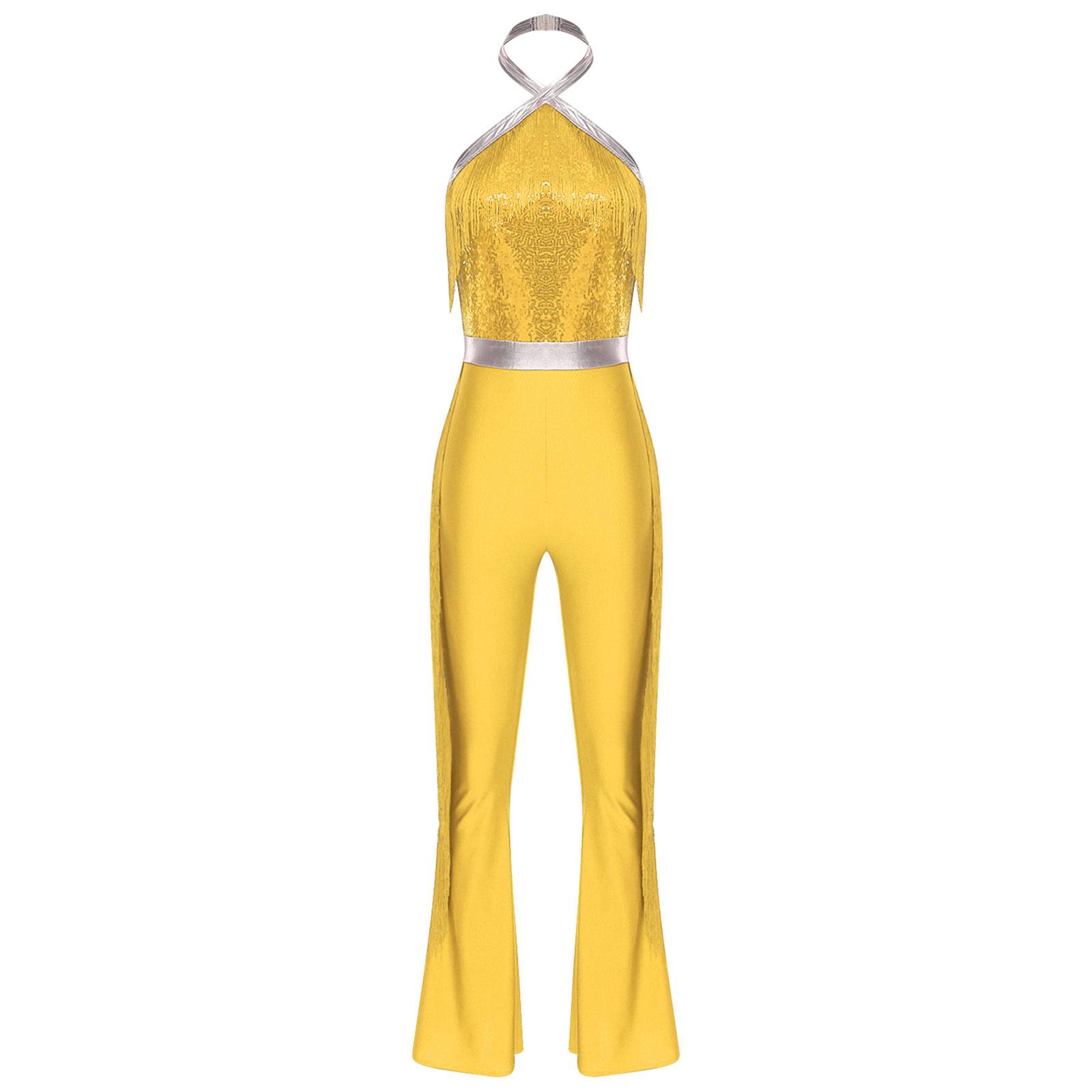 

Womens 70s Disco Halter Sequined Top Tassel Fringe Flared Pants Romper Shiny Metallic Jumpsuit S золотий