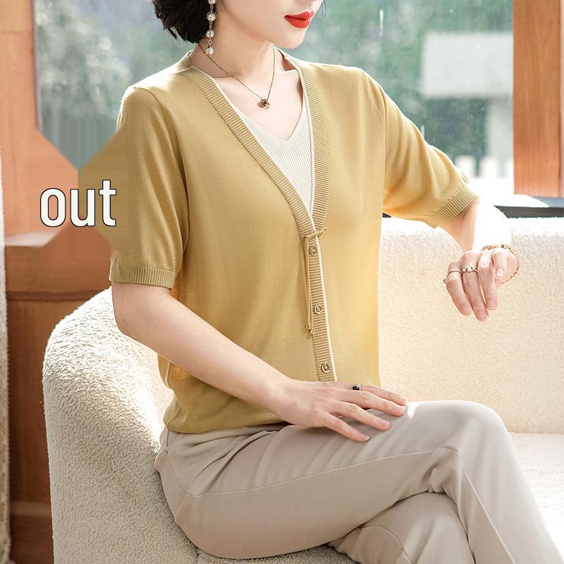 Elegant Ice Silk Striped T-Shirt for Middle-Aged Women - Summer 2026 Edition