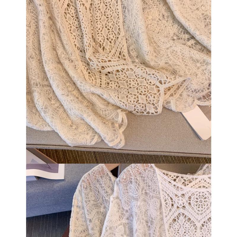 Dimanaf 2025 Nové Dámské Pletené Krajkové Tričko s O-výstřihem Dutý Letní Styl Základní Krátké Topy Trička Volné Oblečení