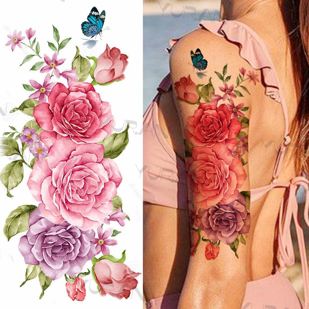 Large Colorful Rose Flower Temporary Tattoos For Girls Women Anchor Fake Gemstone Pendant Tattoo Paste Arm Body Tatoos Creative