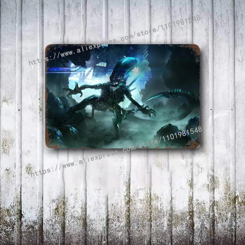 Aliens vs Predator Science Fiction Poster Vintage Plåtskylt Dekorativ Plakett för Pub Bar Mancave Klubb Väggdekoration