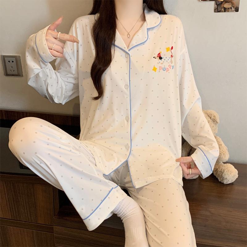 Imitation cotton ins style bow pajamas women's spring new fashion lazy long-sleeved loungewear two-piece set