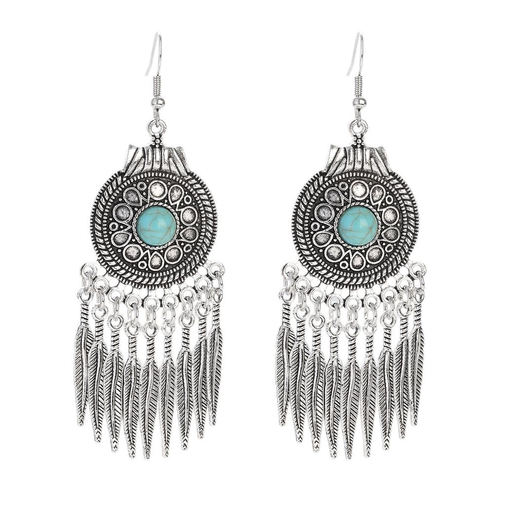 Vintage Ethnic Natural Stone Indian Earrings Jhumka Female Antique Silver Plated Geometric Carved Earrings Party Tassel Jewelry