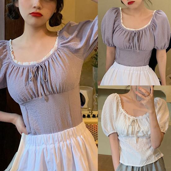 

Рубашка Кружевная блузка с пышными рукавами из полиэстера с квадратным воротником для свиданий