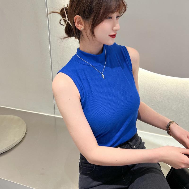 Women's Sleeveless Semi-High Neck Slim Cotton Vest - Solid Color Summer Top