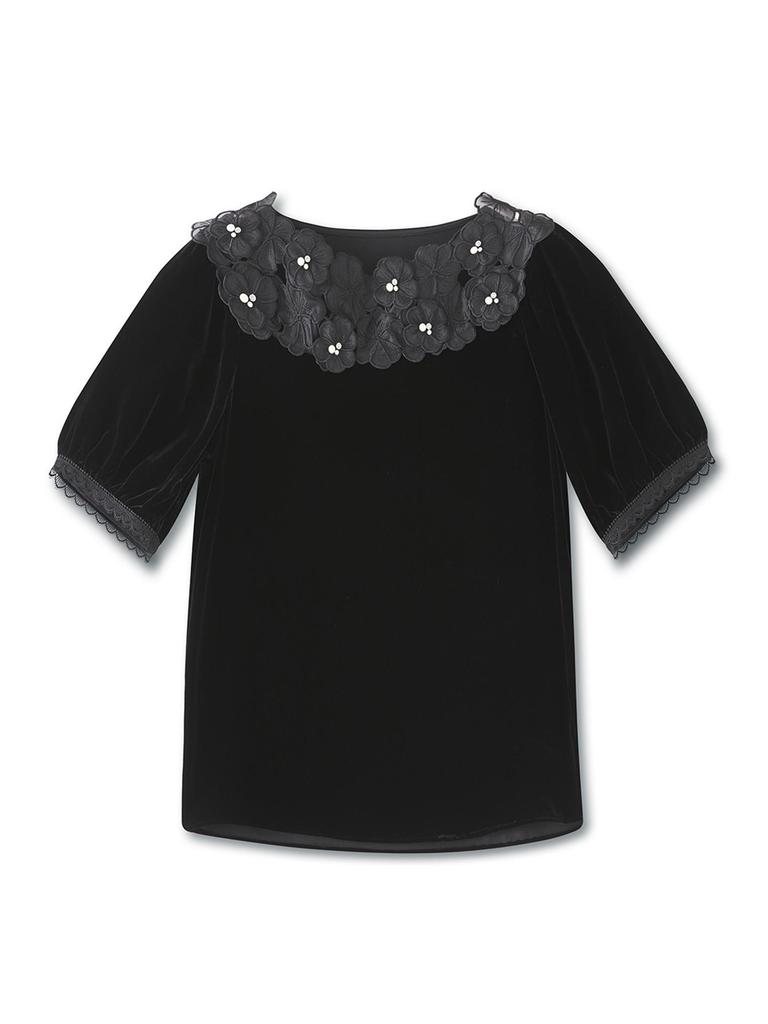 Wysokiej jakości jedwabny aksamitny top z kwiatowym haftem i koralikami, z krótkim rękawem i okrągłym dekoltem - Letnia elegancja dla kobiet