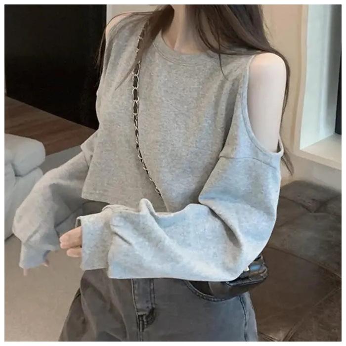 Lazy Wind Crop Top Summer New Off-the-shoulder Long Sleeve T-shirt Women's Clothing