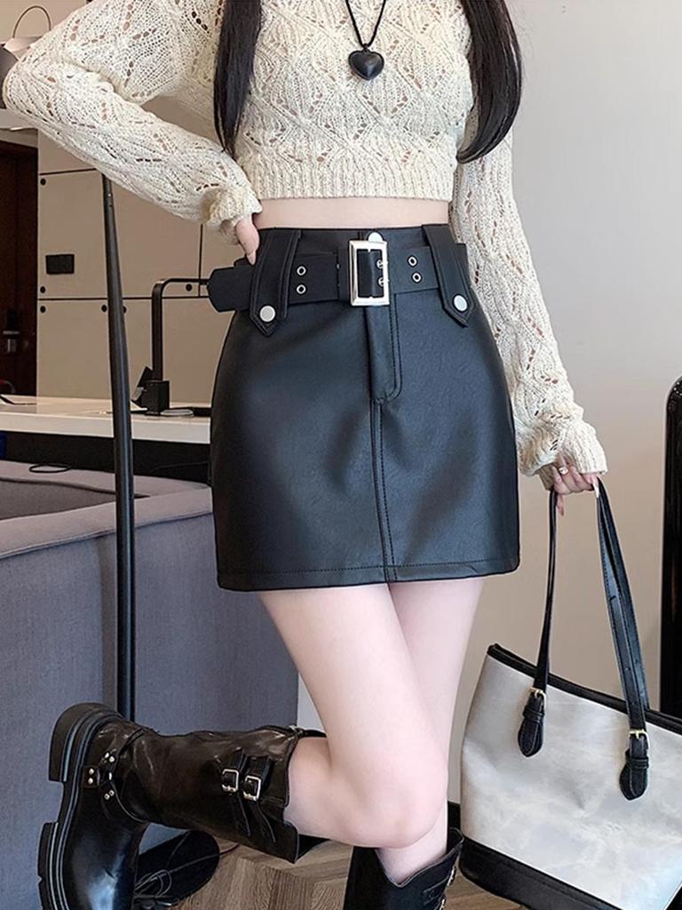 Vintage Pu Leather Skirt for Women Spring Autumn High Waist A- Line Package Hip Shorts Skirt Y2k Korean Fashion Clothing